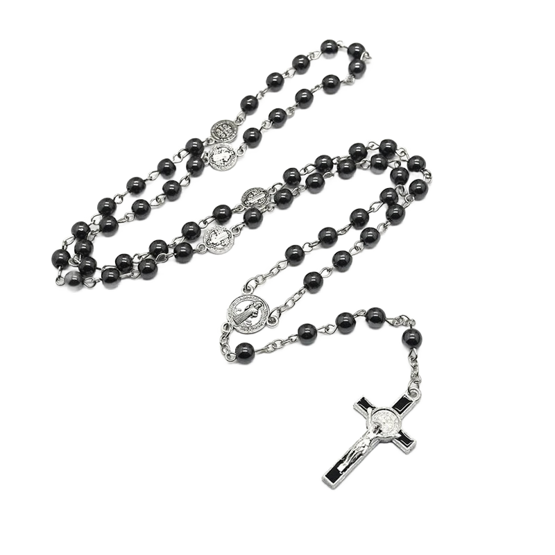 Vintage Hematite Rosary Pendant Necklace