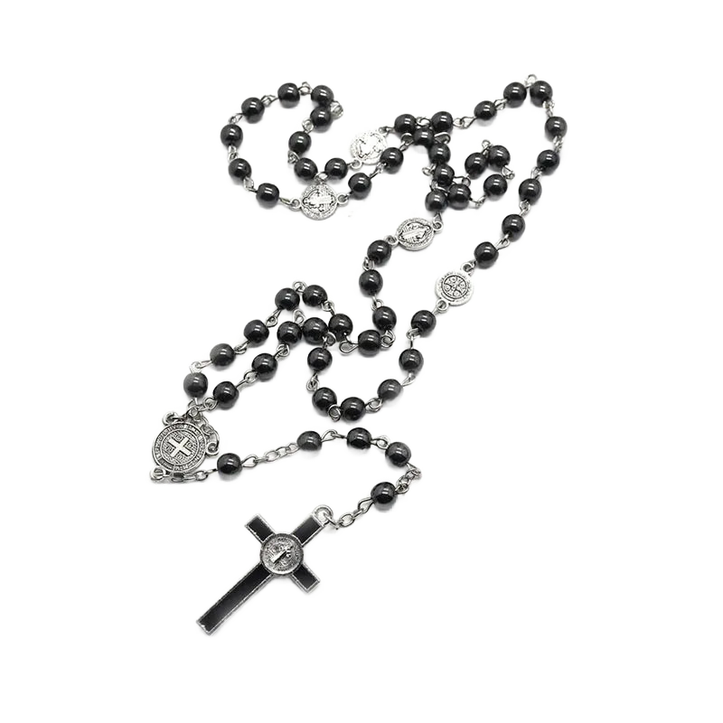 Vintage Hematite Rosary Pendant Necklace